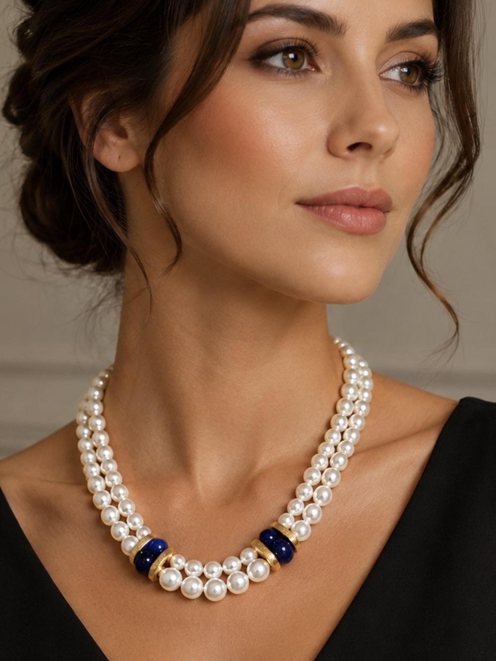 Vintage 1990’s Napier Double Strand Faux Pearl Necklace Cobalt Blue Gold Tone